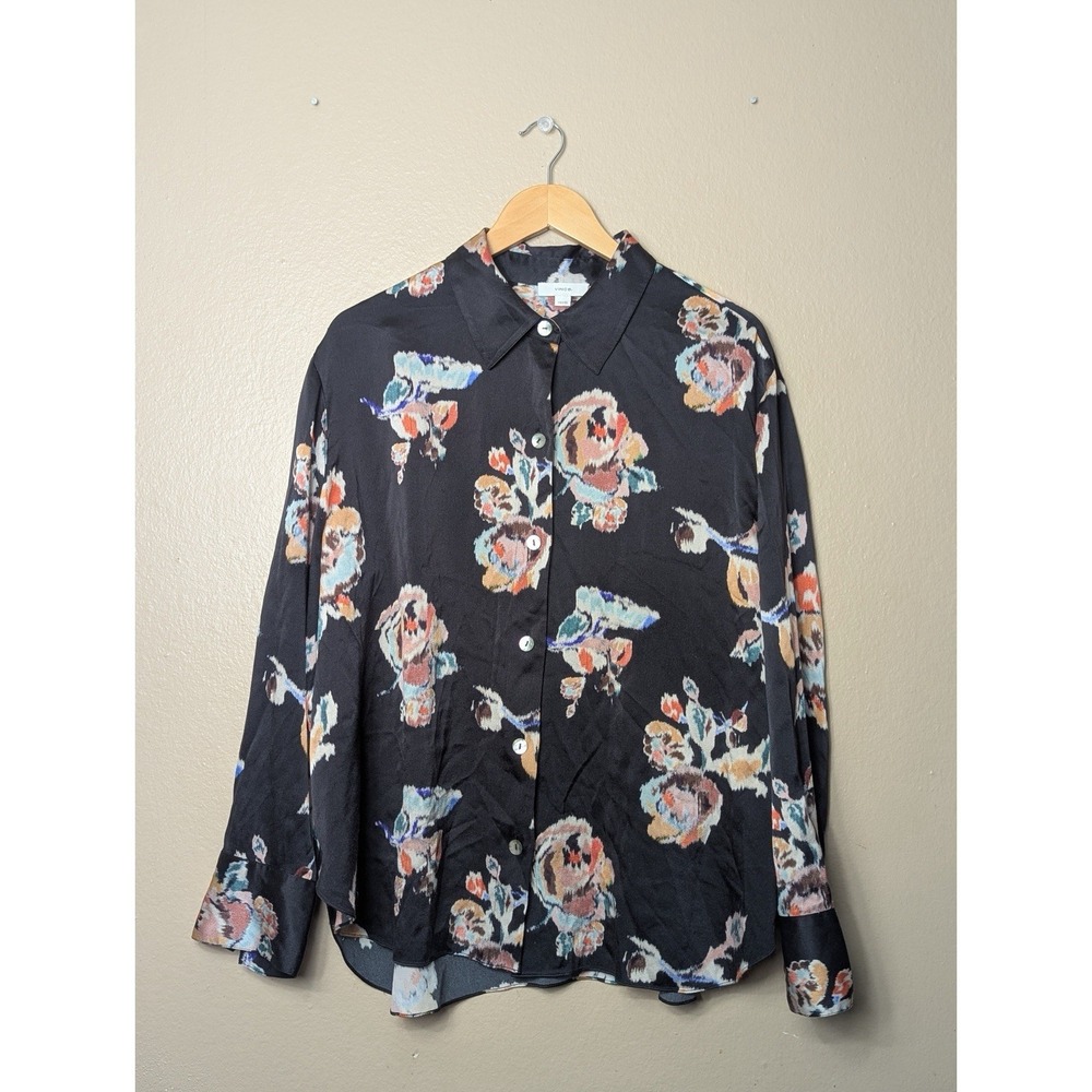 Vince‎ Silk Blouse Womens 1X Black Floral Button Up Long Sleeve Luxury